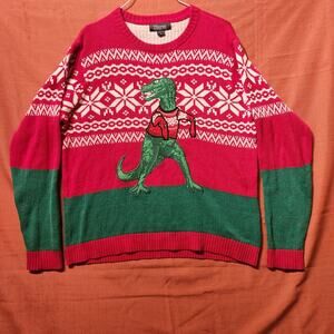 Sz L Ugly Christmas Sweater Men Medium Red T Rex Dinosaur Holiday Santa Party